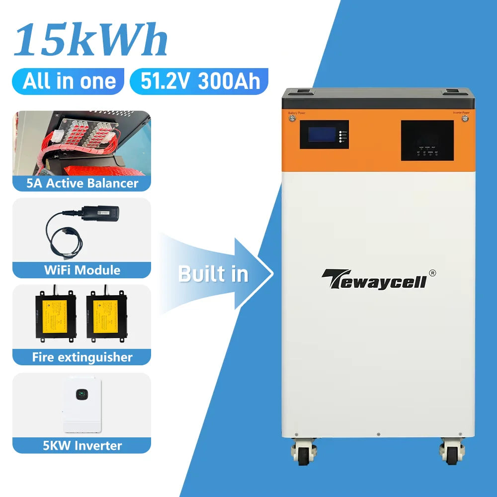 USA Stock -DDP Delivery All-in-One 51.2v 300Ah 15KWH ESS with 5kw Inverter+5A Active Balancer+Fire Extinguisher+WIFI Module MegaBDM
