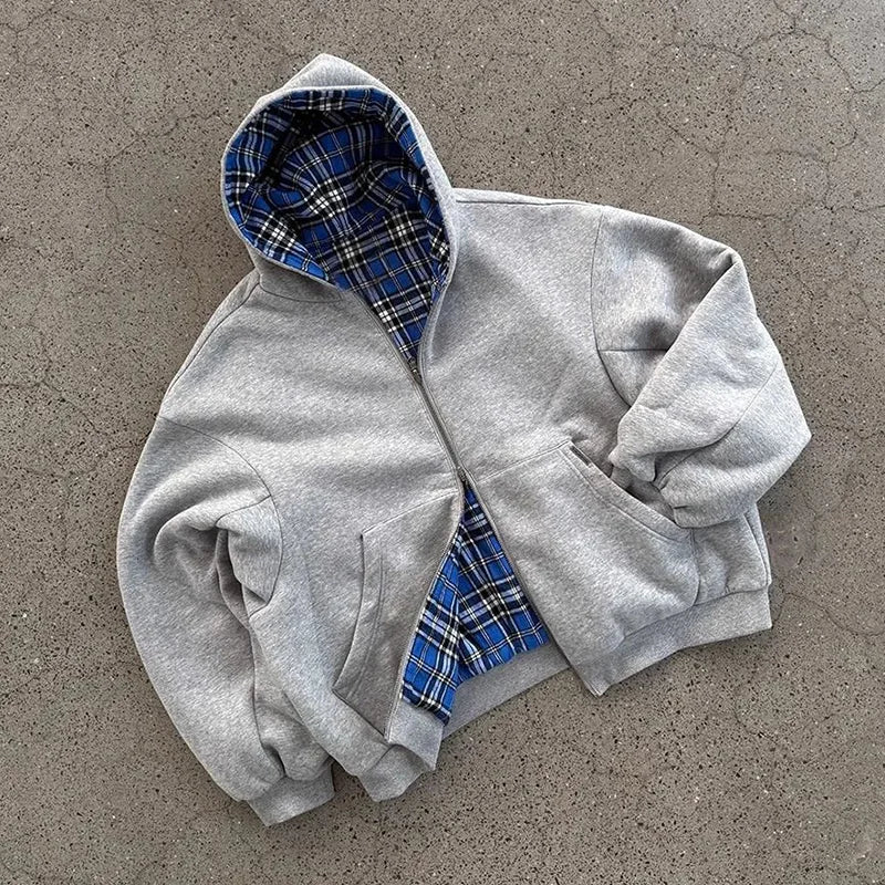 Oem Custom Manufacturer Double Zipper Jacket Boxy Fit Drop Shoulder Striped Flannel Double Layer Plaid Reversible Hoodie for Men