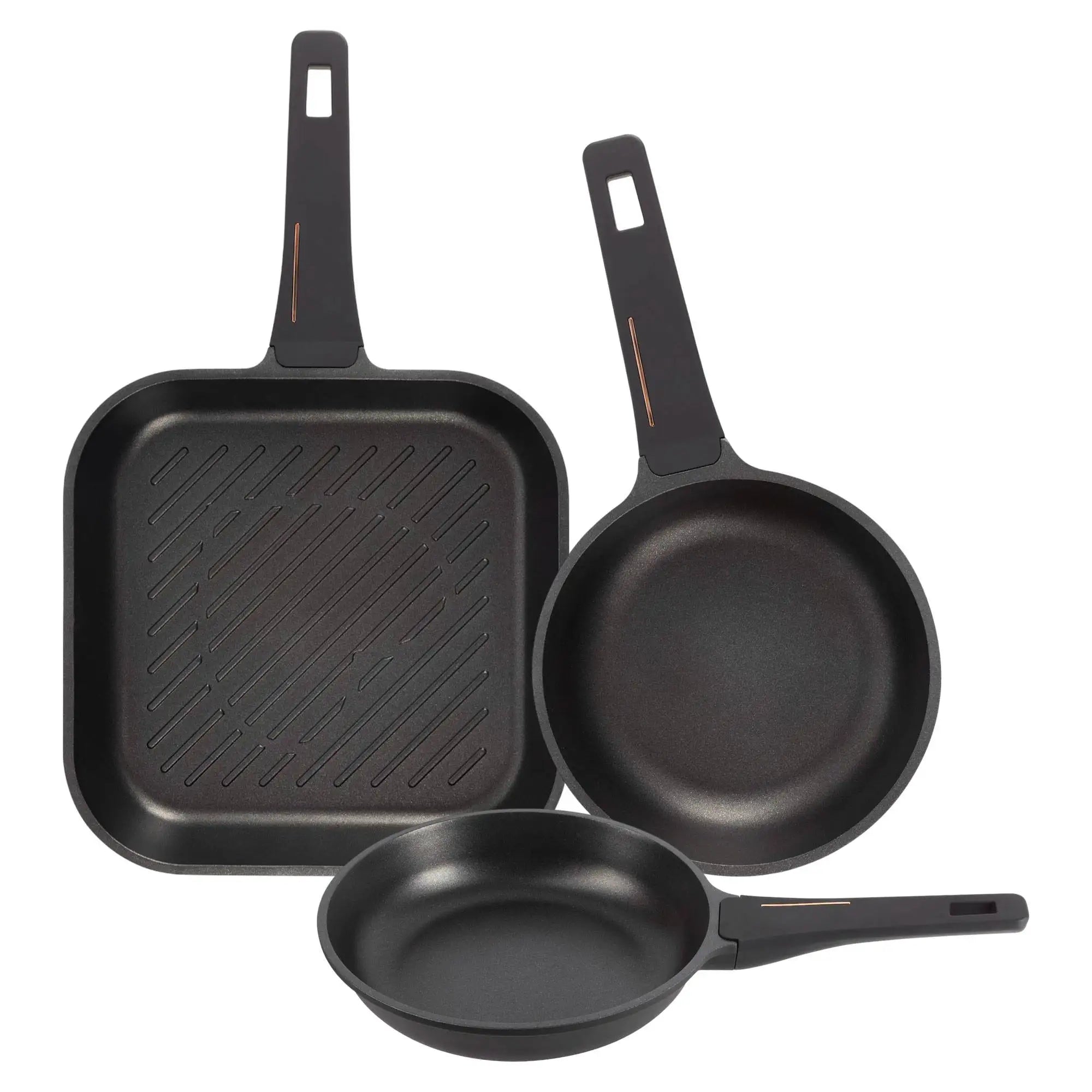 Set of 2 frying pans 20/24cm + Grill pan 28x28cm in cast aluminum Copper Black Bergner