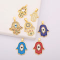 Wholesale 18K Gold Plated Copper Hamsa Hand Pendants with Eye Enamel Zircon Charms for Children's Jewelry Necklace Making