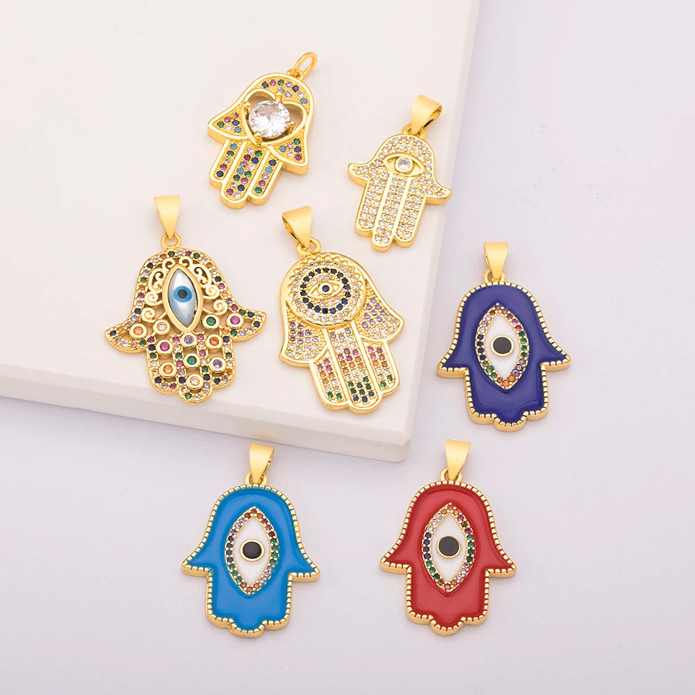 Wholesale 18K Gold Plated Copper Hamsa Hand Pendants with Eye Enamel Zircon Charms for Children's Jewelry Necklace Making