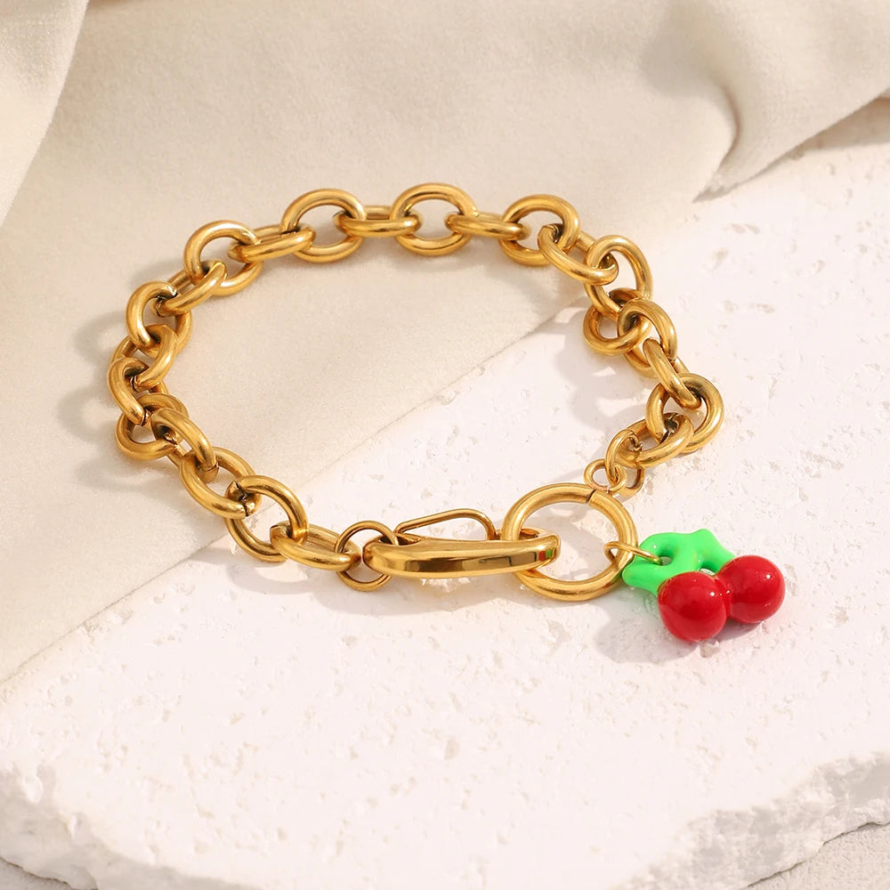 Dreamshow Acrylic Colorful Cherry Charm Bracelet 18k Gold Plated Jewelry Stainless Steel Chain Bracelet