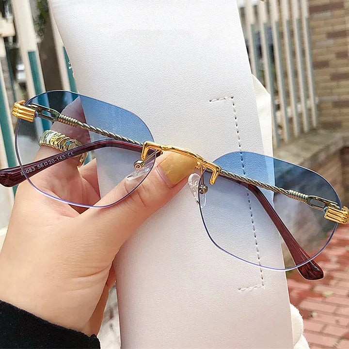 Logo Custom Fashion Men Women Metal Steampunk Gradient Lens Sun Glasses UV400 Shades Rimless Polygon Sunglasses
