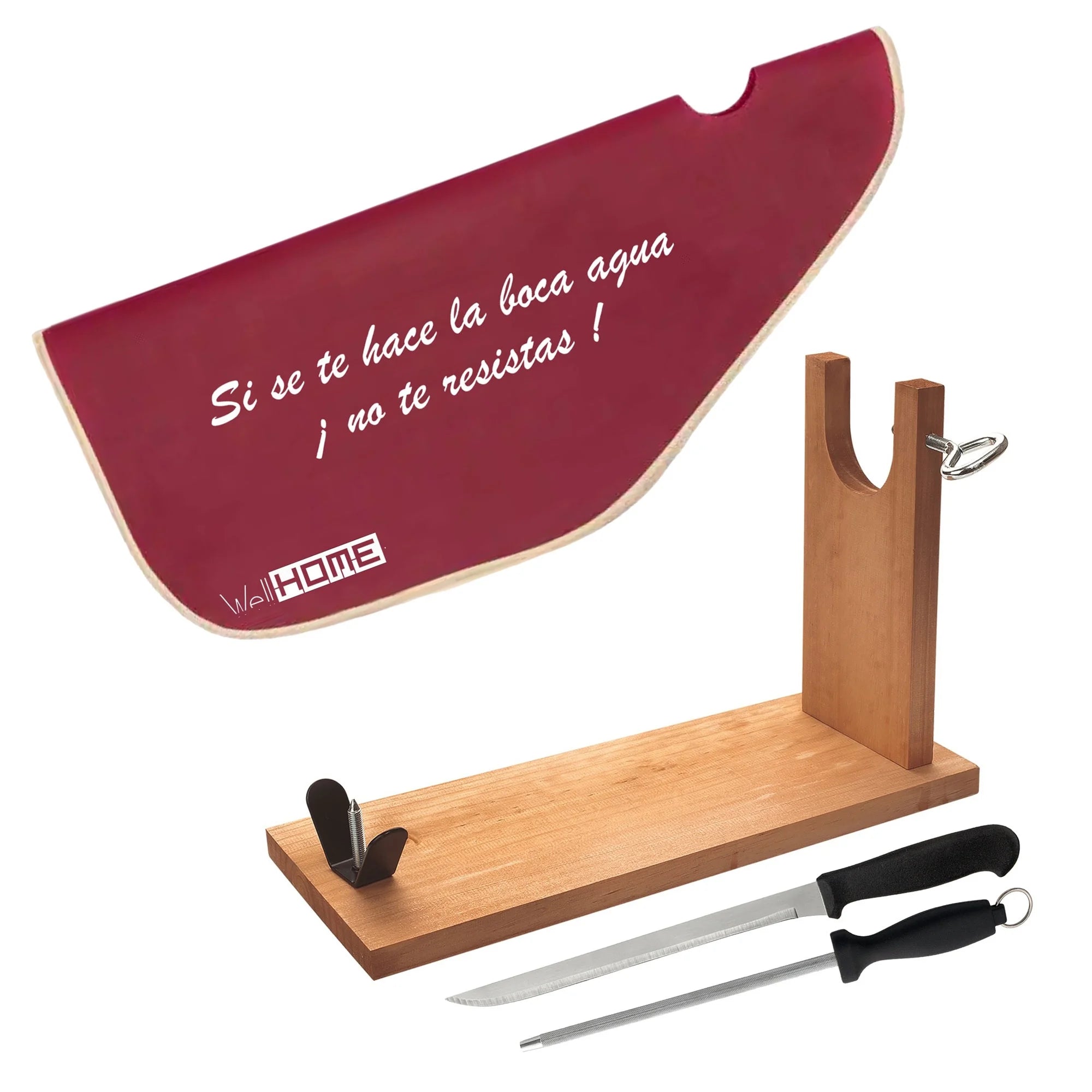 WELL HOME - Wooden ham holder with V-shaped fittings + Ham knife set (25cm) and sharpening steel (21cm) + 'Tiberic' ham cover