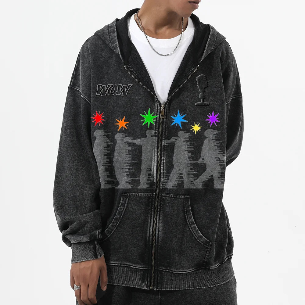 Unisex Heavyweight Custom Zip-Up Distressed Vintage Washed Hoodie Men's Oversized Streetwear Sweatshirt