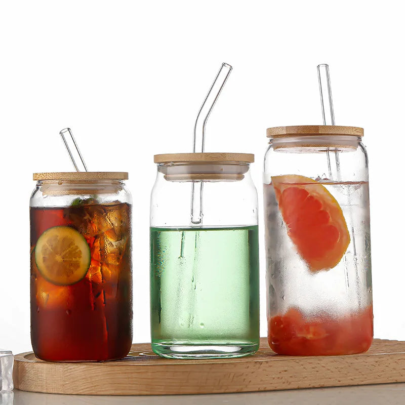 2024 New Arrival Glass Juice Coffee Milk Water Bottle Bamboo Lid Tumbler Soda Can Glasses Borosilicate Beer Cup Bottle
