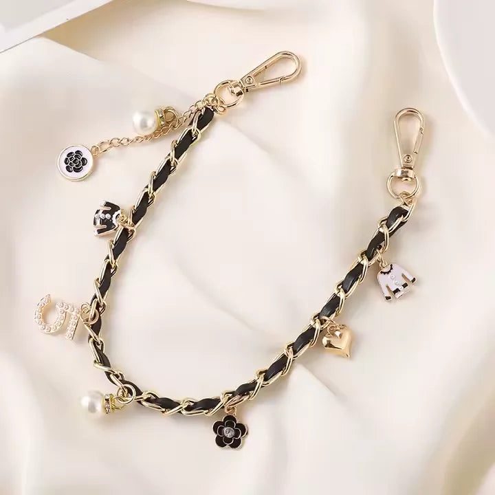 Camellia Flower Pearl Bead Heart Phone Charm PU Leather Chain Mobile Phone Wristband Anti Lost Phone Rope Lanyard