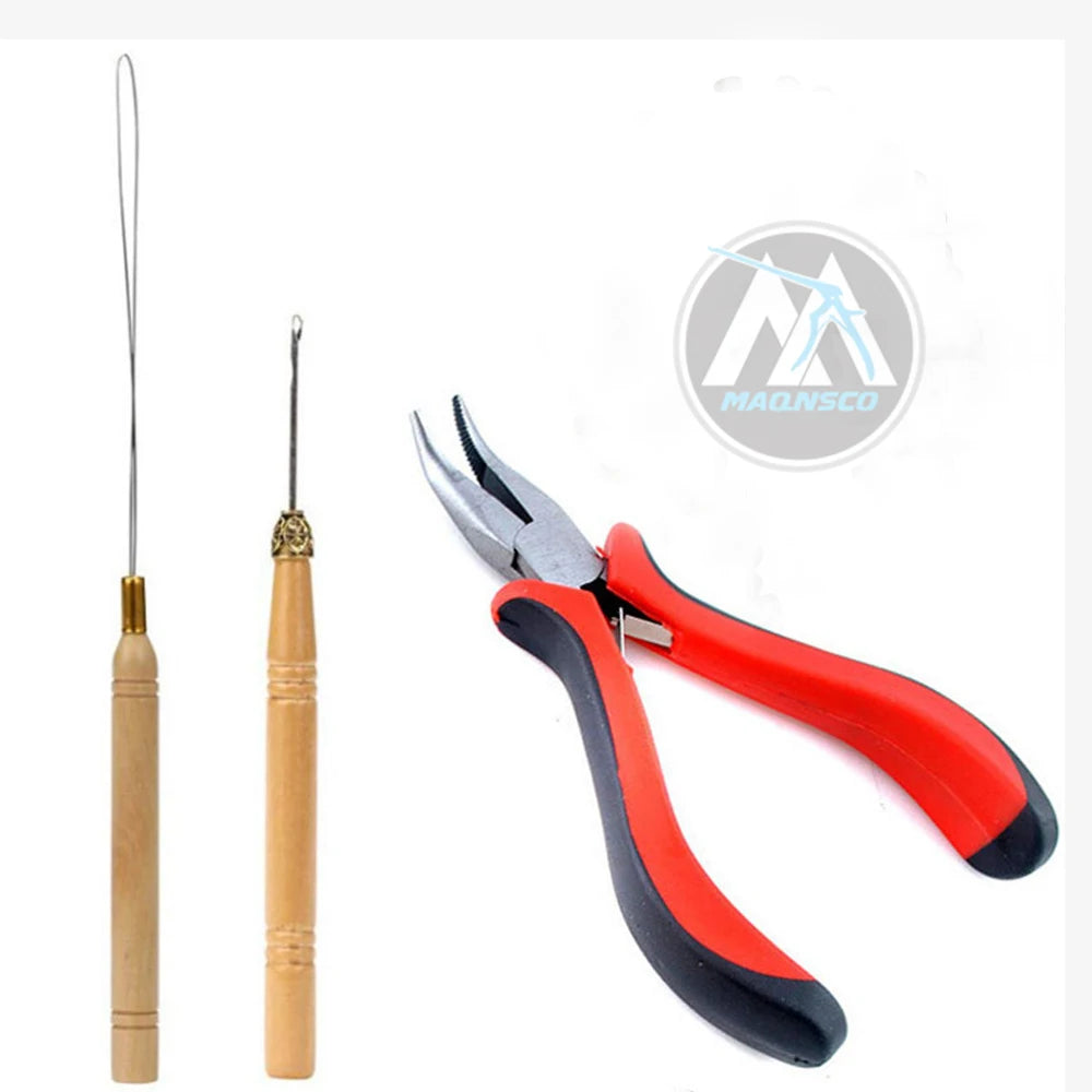 TIHOOD Hair Extension Kit Pliers Pulling Hook Bead Device Tool Kits and 200PCS Black Silicone Lined Micro Rings