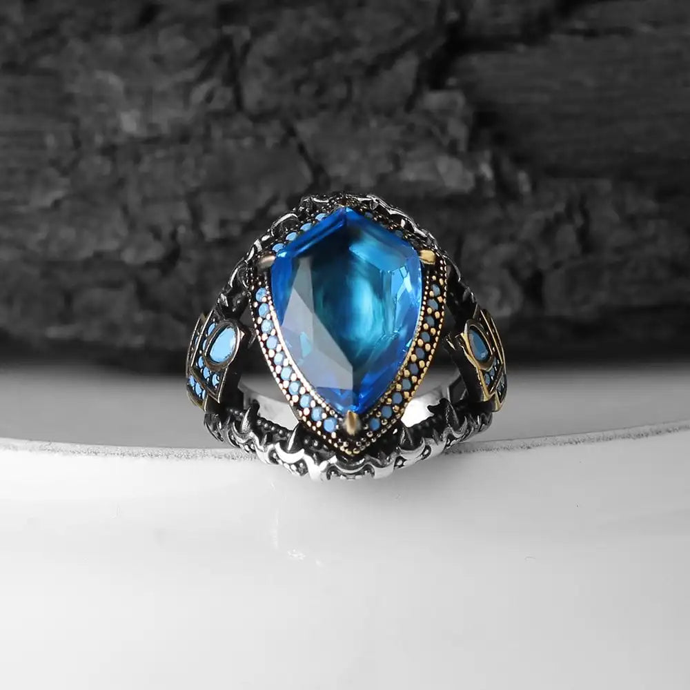 Turkish 925 Sterling Silver Men's Ring Ottoman Style Naturel Black Stone Handmade Fine Jewelry Azuris VALKH1310