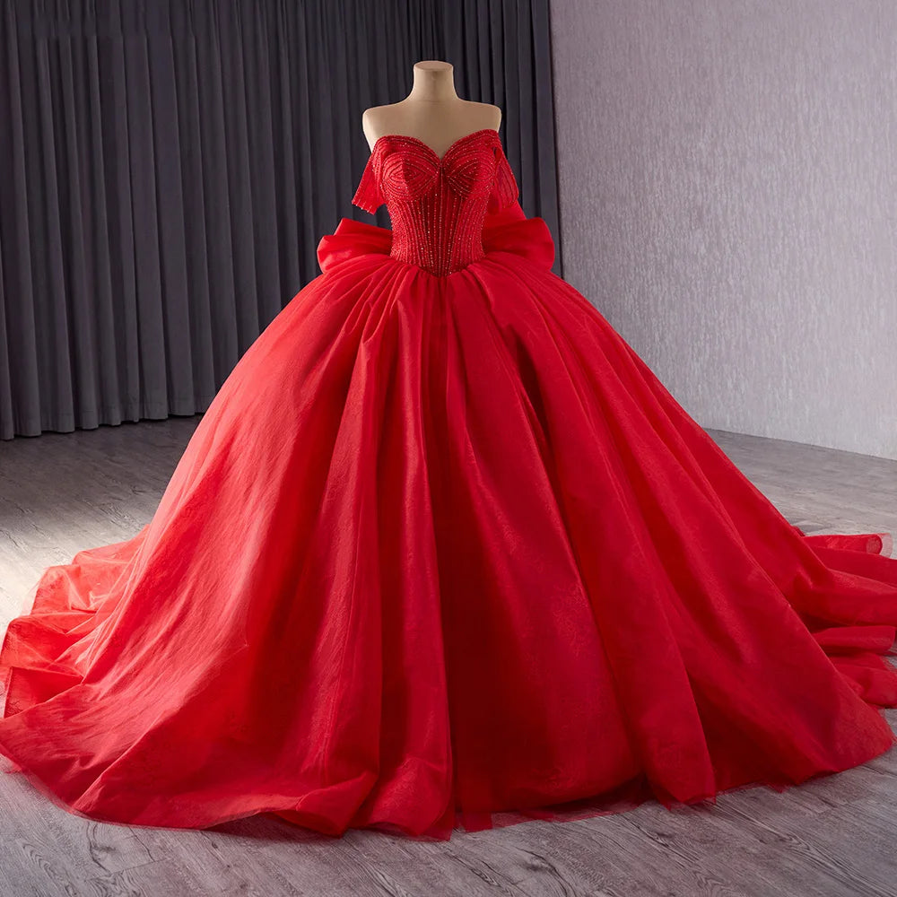 Jancember 241075 Classic Red Sweetheart Off Shoulder Bow Puffy Evening Dresses