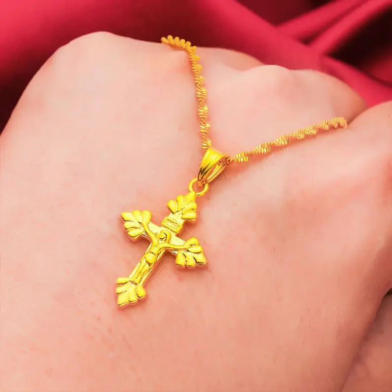 Pendant Women's Various  Placer Gold Cross Necklace Water Wave Chain Jewelry Wholesale