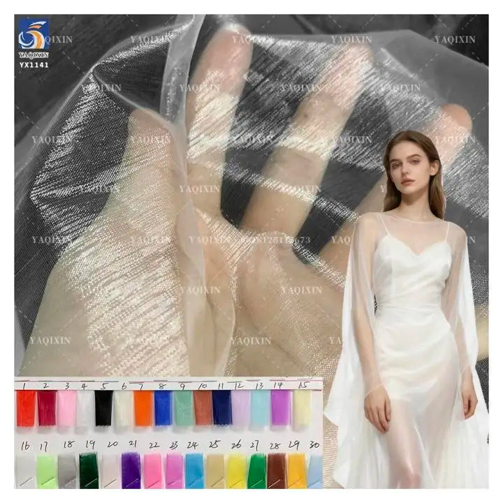 YX1141 Lightweight 22gsm Polyester Hardened Transparent Glass Gloss Organza Fabric for Formal Dress or Wedding Dress