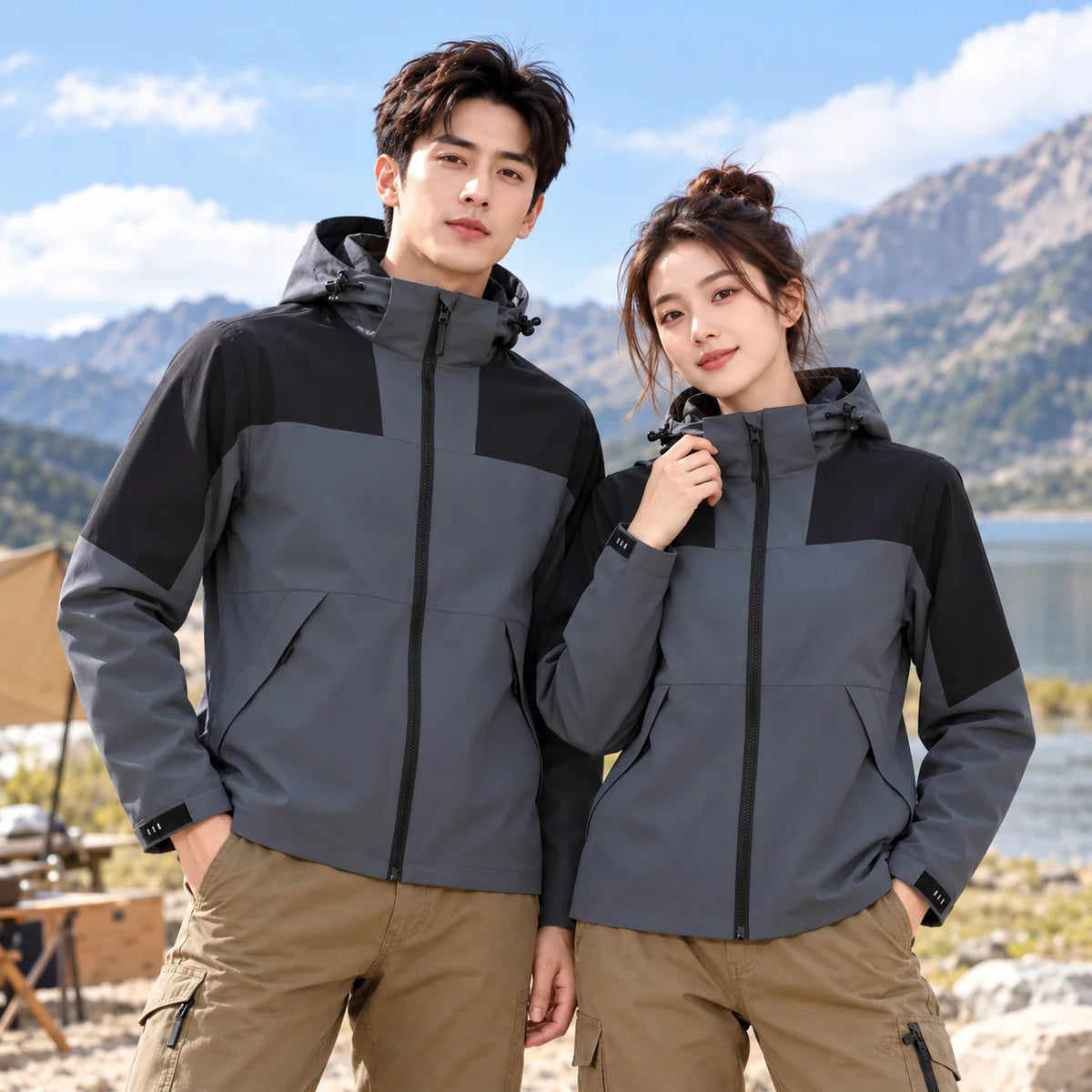 Men Women Stand Fashion Hooded Windbreaker Waterproof Double Weave Laminated Fabric Jacket Detachable Hood Color Blocking Autumn MegaBDM