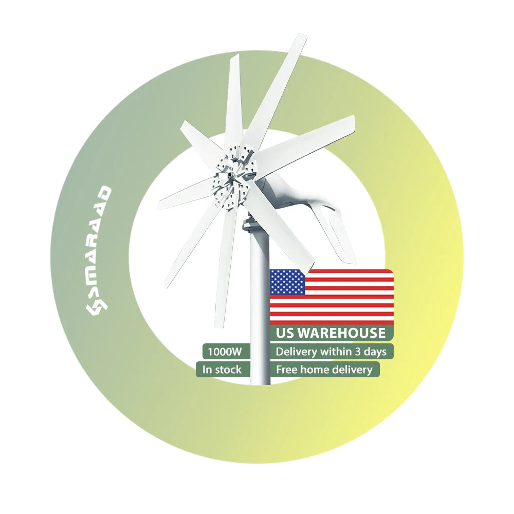 SMARAAD 1000W DDP Wind Turbine US Store SS-1KW 48V Horizontal Wind and Solar Power System for Home Use