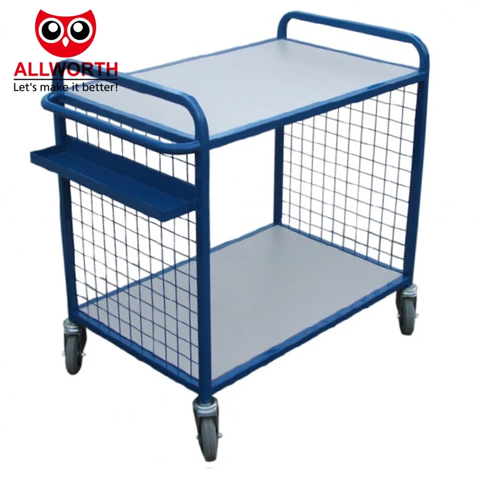 China Made Powder Coated Folding Two-Tier Warehouse Logistic Trolley with 4'' PU Wheels for Indoor/Outdoor Storage