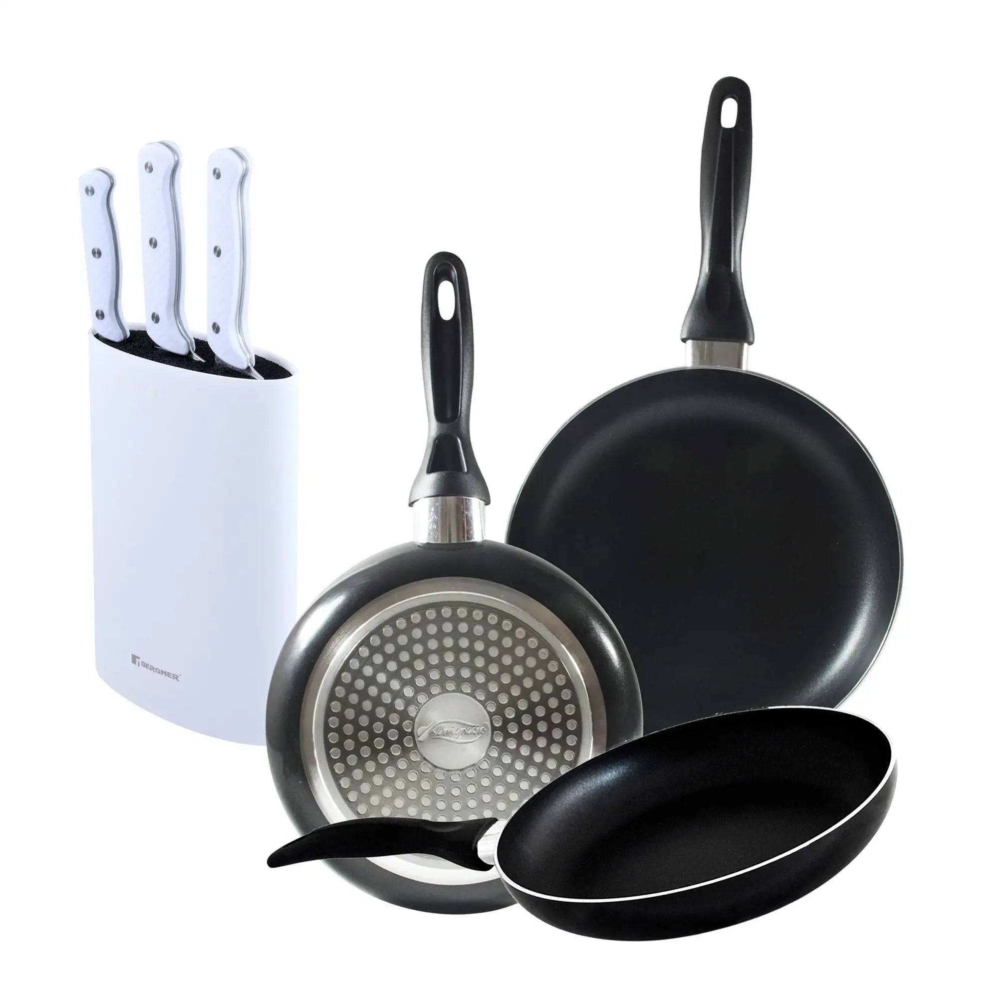 Set of 3 San Ignacio frying pans (16 20 24cm) made of pressed aluminum suitable for induction + Set of 3 knives with