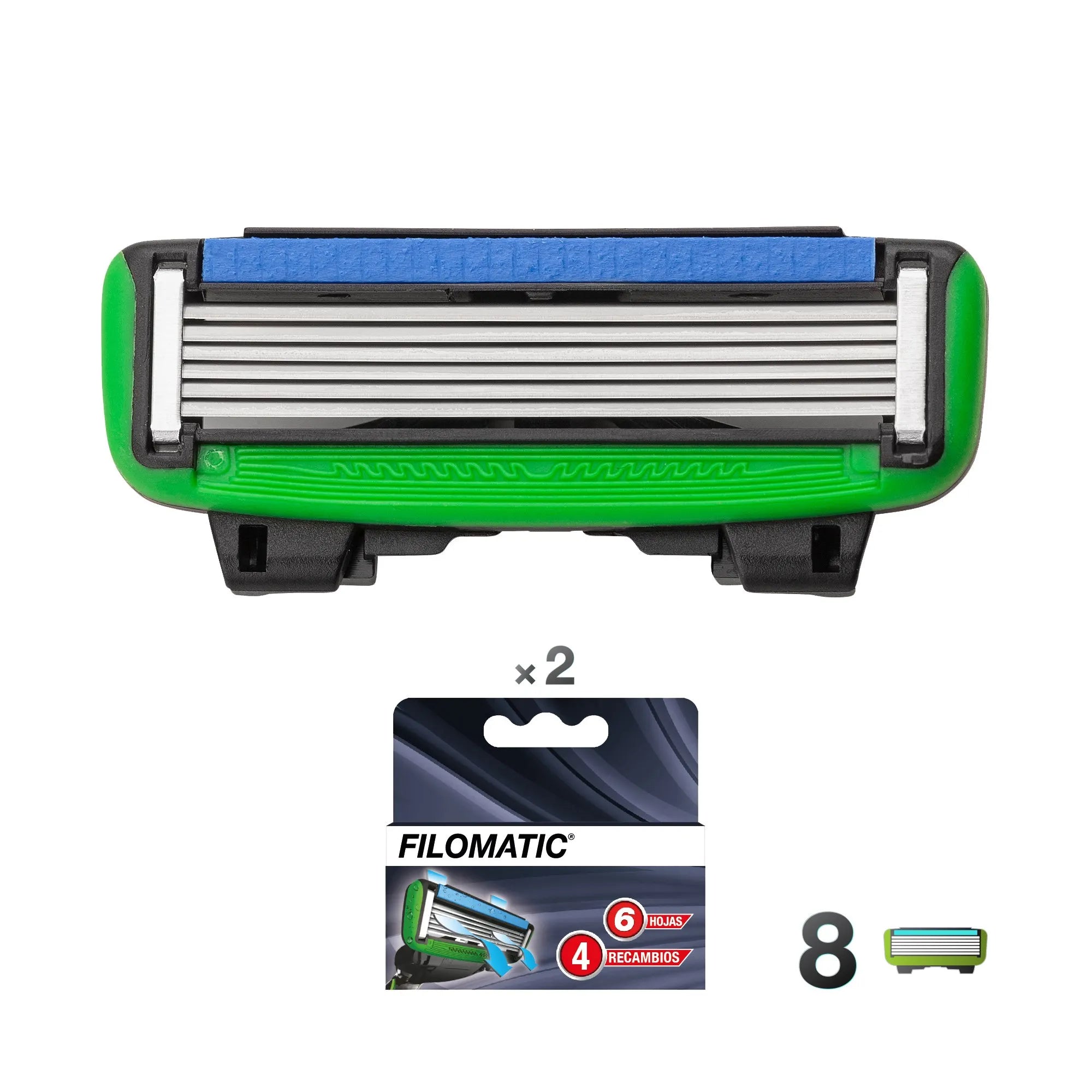 Pack of 8 Filomatic "FILO6" razor blade replacement blades in various colors