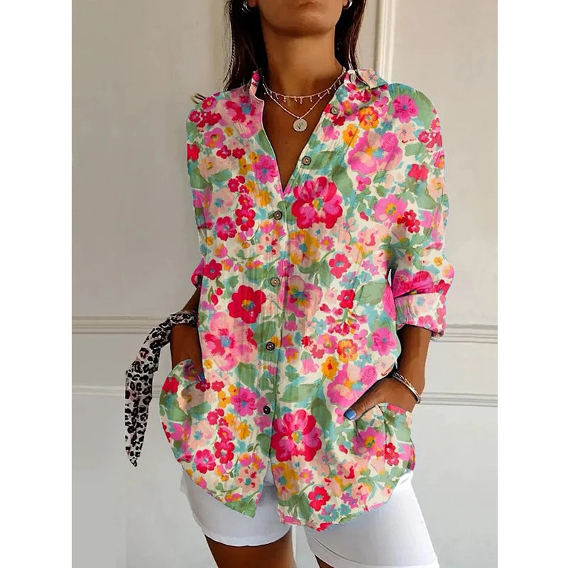 2025 Summer New Arrivals Casual Women's Long-sleeve Shirts Floral Print Woven Fabric with Anti-Pilling Trendy Regular Length