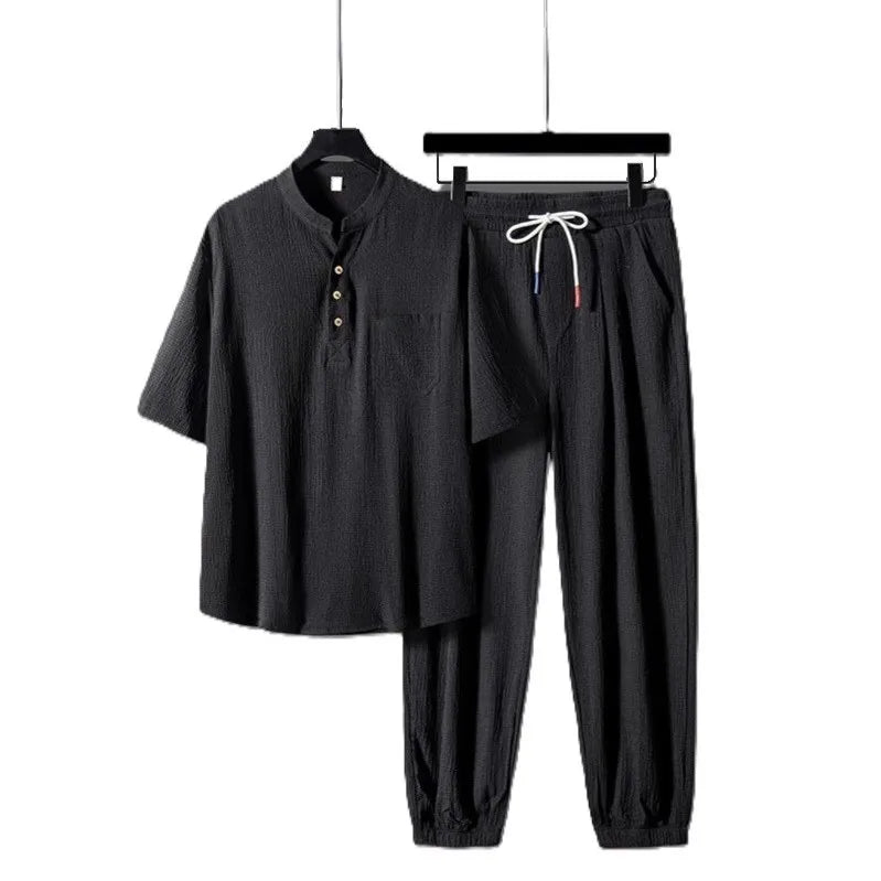 China Bangladesh Factory Price OEM Customized Logo Embroidery Thin Ice Silk Drape Chinese Style Plus Size Mens Two Piece Sets