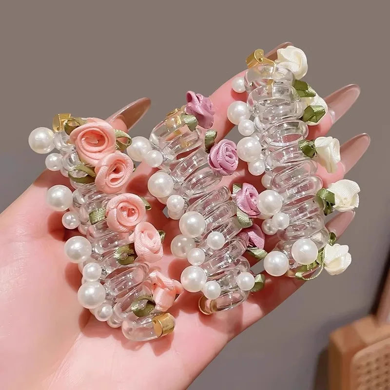 PFT Rose Pearl Telephone Line Braided Flower Hair Clip Headband with Rope Women's Tie Party New Style Plastic Good Elasticity MegaBDM