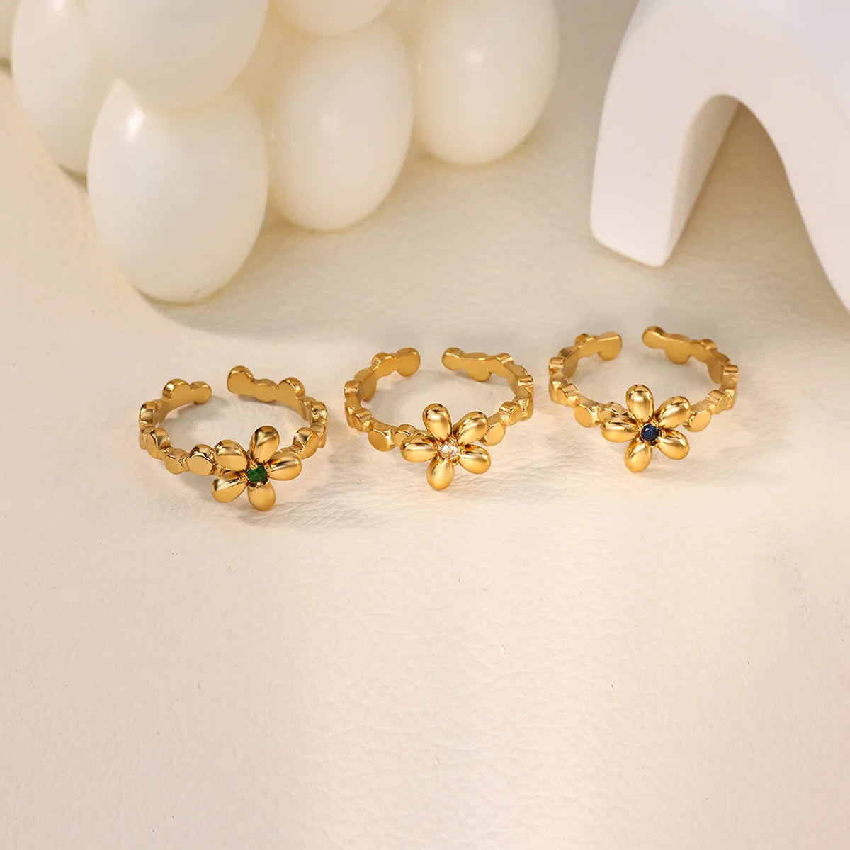 Exquisite Five-Leaf Flower Ring 18K Real Gold PVD Coated Stainless Steel Sparkling Zircon Floral Open Ring Tarnish-free Jewelry
