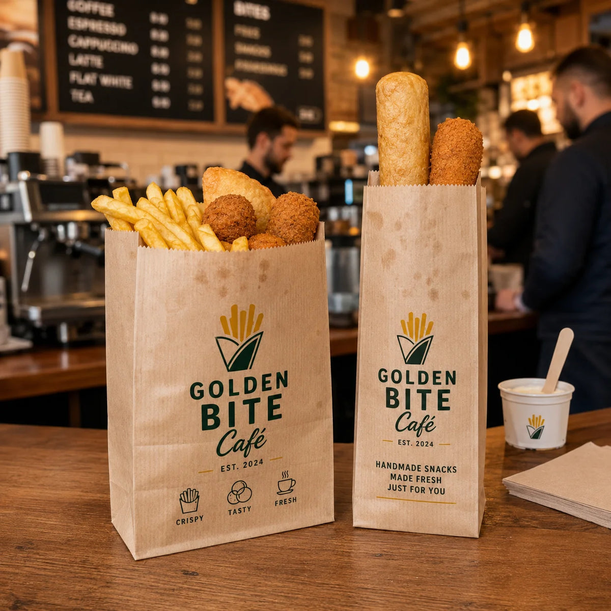 AT PACK Custom Printed Takeaway Food Bags Greaseproof Paper Snack Bags for Fries Croquettes Cafes Restaurants and Fast Food UK MegaBDM