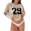 Beige Mesh Knit Jersey Sweater with Custom Graphic Women's Loose Sheer Long Sleeve Star Pullover for Summer Streetwear Look