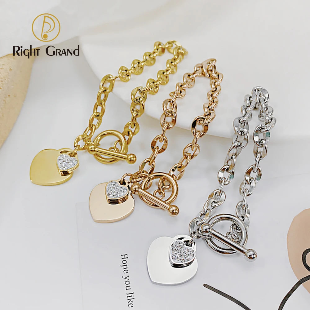 Crystal Heart Shaped Pendant Bracelets Women Stainless Steel Bracelet OT Clasp Classic Fashion Jewelry Link Bangle
