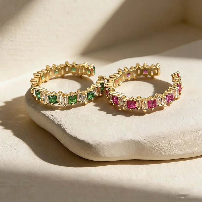 QIKU Bohemian Rectangle 3 Color Rhinestone Opening Rings Crystal Paved Copper Zircon Wedding Party Jewelry Accessories Wholesale