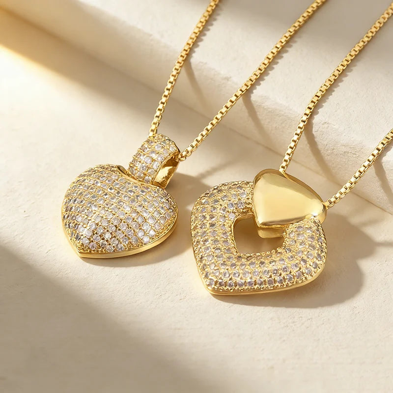 QIKU Wholesale Love Heart Shape Cubic Zirconia Copper Charm Pendant Necklace Women Men Fine Jewelry Charm Accessories