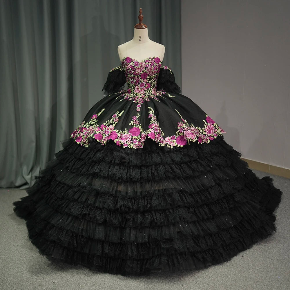 Jancember 6811 Vintage Black Fuchsia Puffy Ruched Evening Quinceanera Dresses