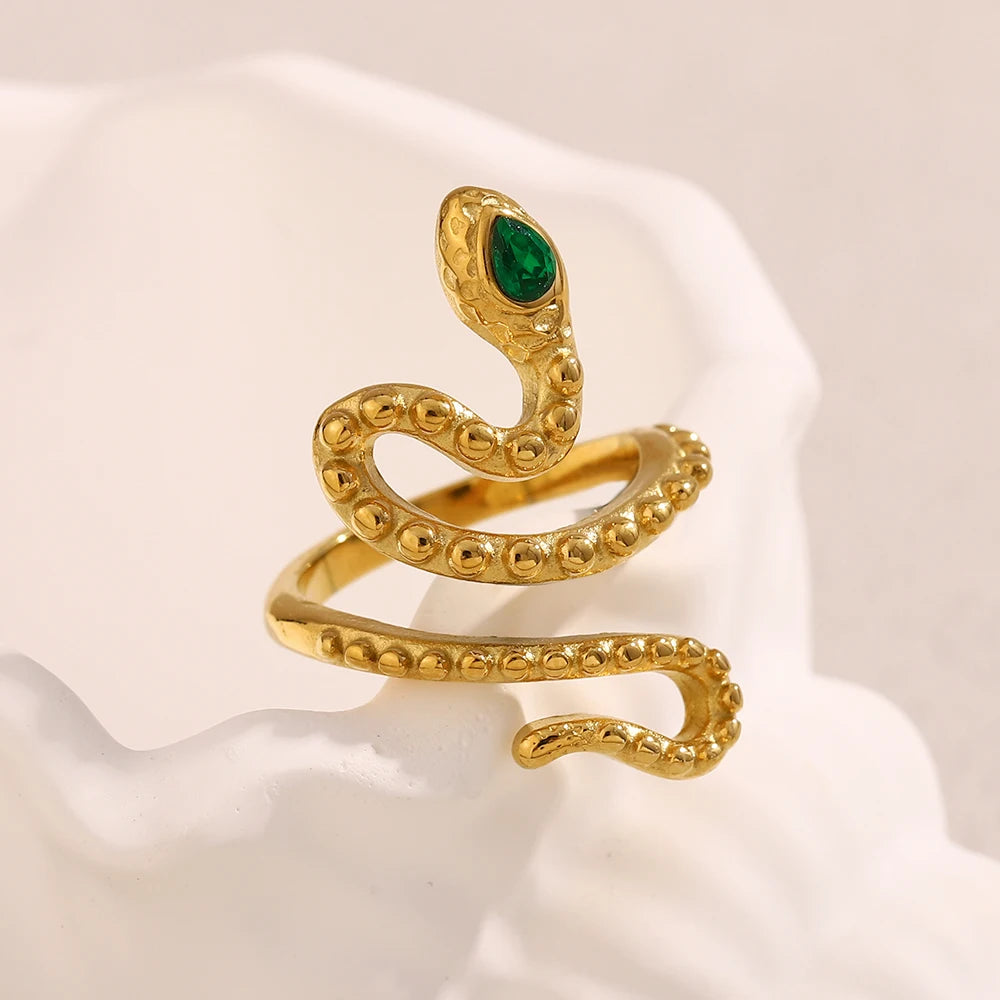 Dreamshow Vintage Jewelry Green Zircon Ring Snake Signet Ring 18k Gold Plated Stainless Steel Jewelry