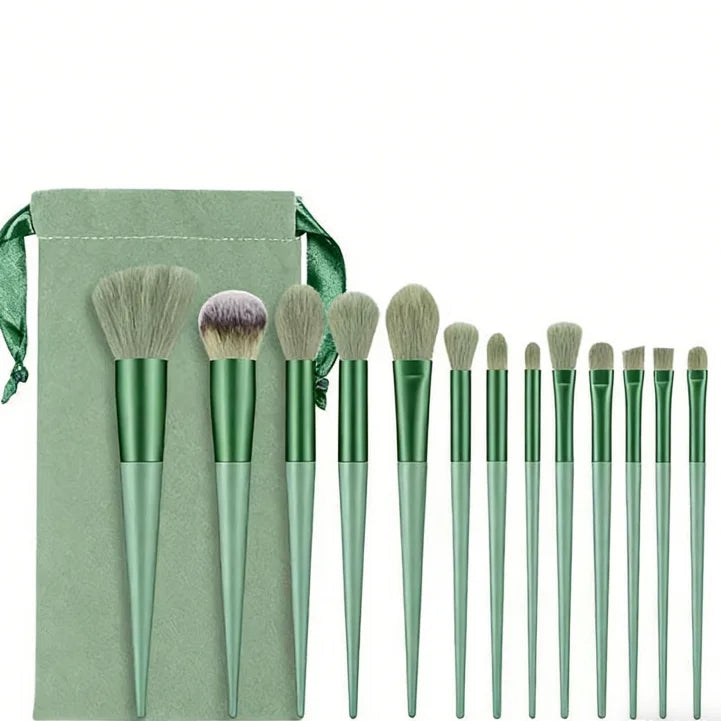 Skylark Jade 13-Piece Durable Aluminum Flat Nylon Silky Mist Complexion Makeup Brush Set for Cheek and Eyebrow Pencil Use
