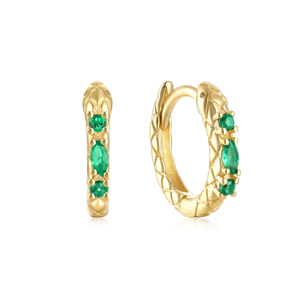 CANNER S925 Sterling Silver Fun Snake-Shaped Snakeskin Pattern Green Zircon Earrings 18k Gold E-Coating  Hoop Earring Jewelry