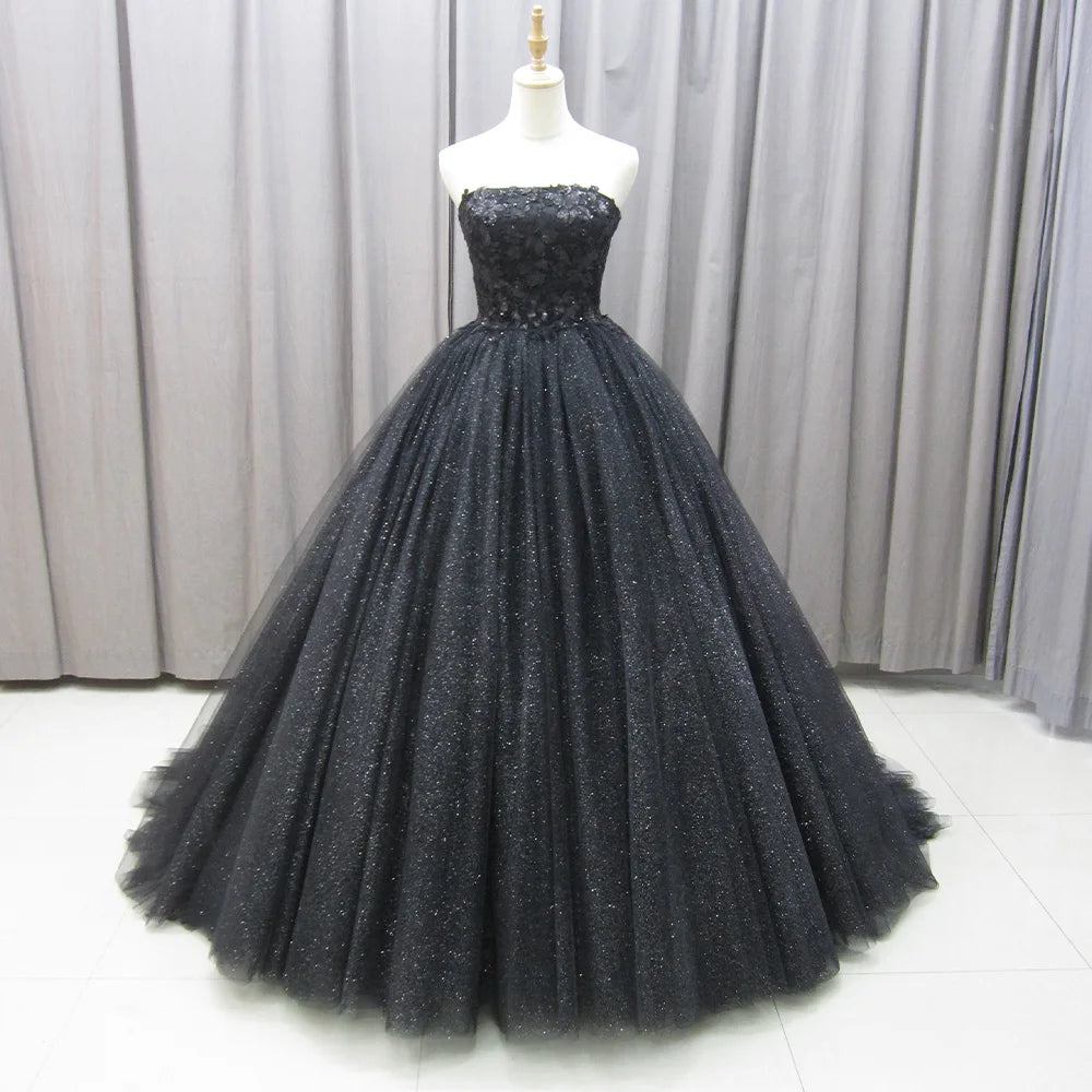 For Jancember MZ0007 Shiny Black Strapless A-Line Evening Party Gowns Anti-Static Dresses with Ruffles Pleats Natural Waistline