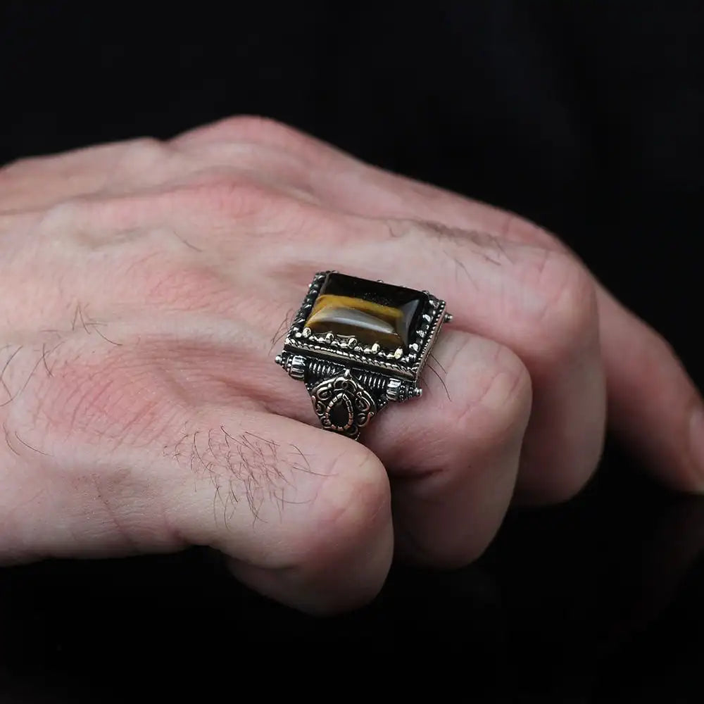 Azuris Custom Logo 925 Sterling Silver Ottoman Style Men's Ring with Natural Black Stone From Turkey VALKH1490