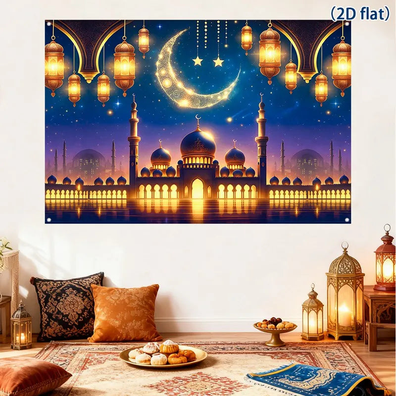 Wind Eid Castle Moon Background Cloth-Polyester-150*100cm Ramadan Mubarak Background Photo Booth Ramadan Backdrop Decoration