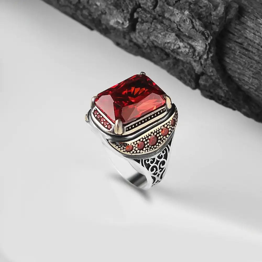 Azuris Turkish 925 Sterling Silver Men's Ring Ottoman Style Naturel Black Stone Handmade Fine Jewelry Model VALKH1341