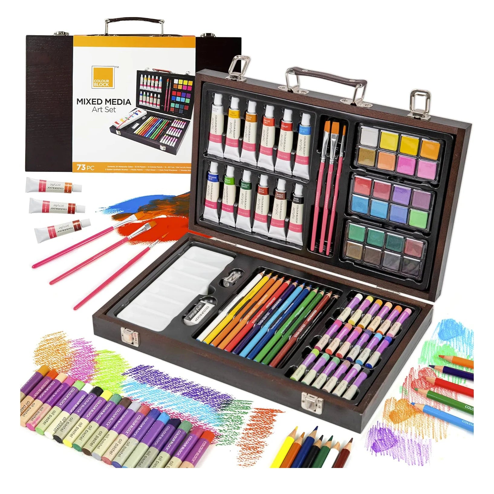 Art 73-Piece Oil Pastel Marker Watercolor Paint Colored Pencil Deluxe Children Art Set with Portable Wooden Box EN71 Certified