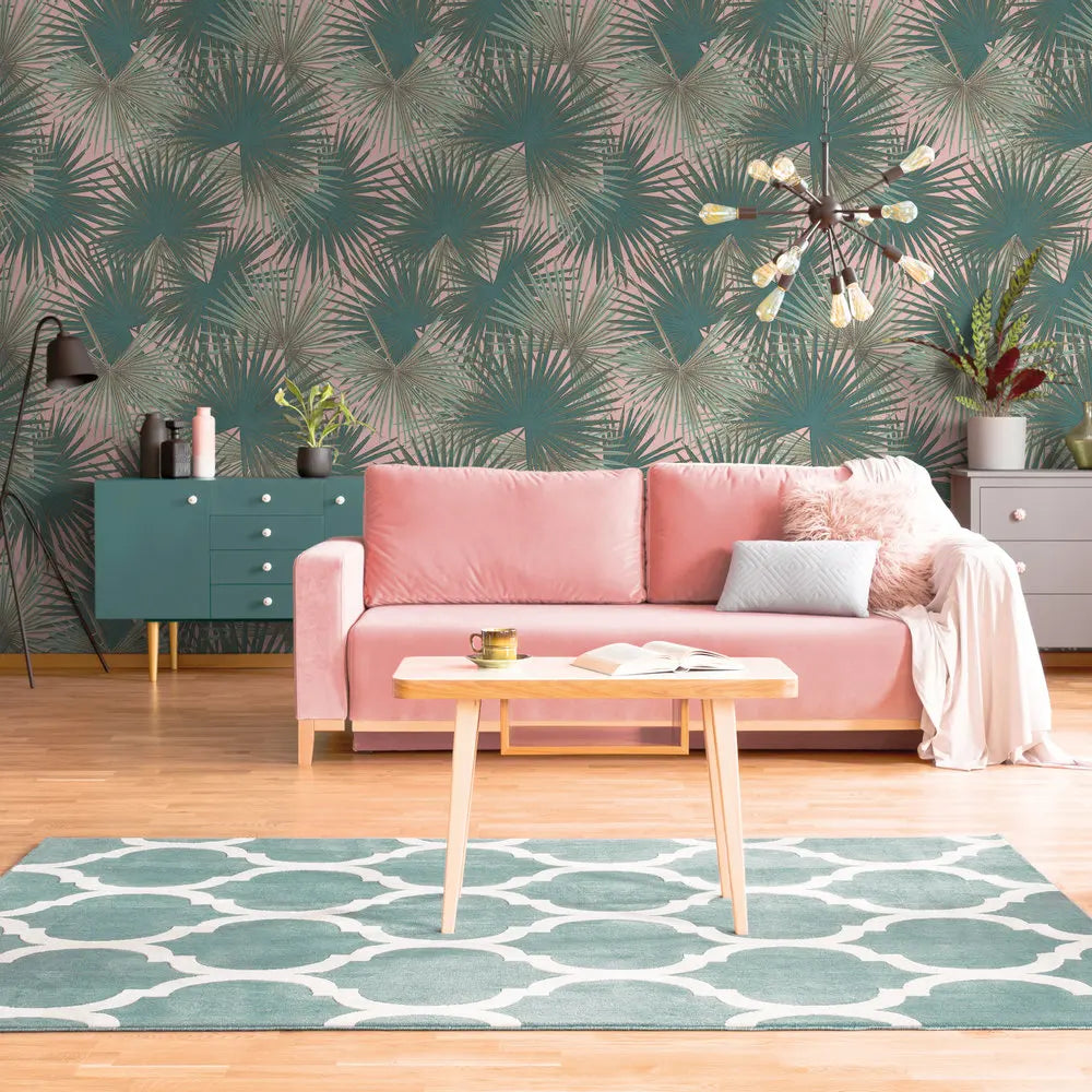 Germany Made Modern Jungle Green Petrol Pink Non Woven Vinyl Wall Mural for Bedroom Hospital Mall-Highly Wash-Resistant Light