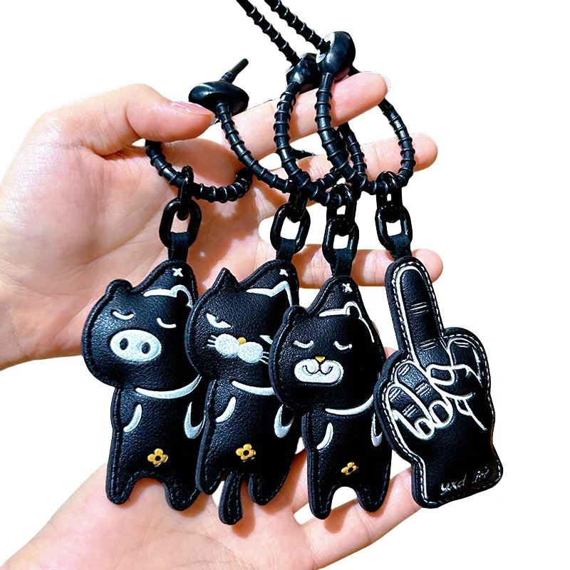 Custom Wholesale Cartoon Leather Emoticon Cat Key Buckle Keychain Couple Bags Cool Black Student Decoration Pendant