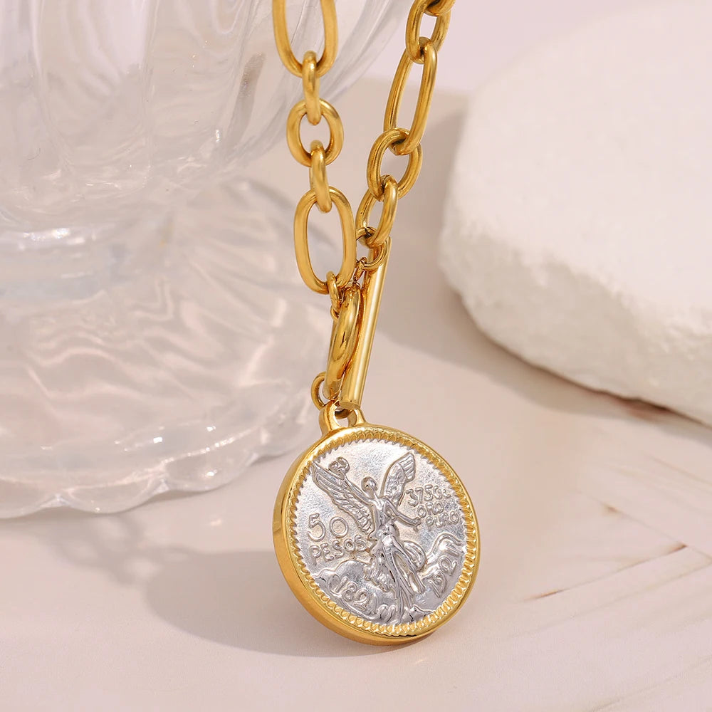 Dreamshow Vintage Jewelry Engraved Angel Pendant Necklace Statement Coin Jewelry Stainless Steel Necklace
