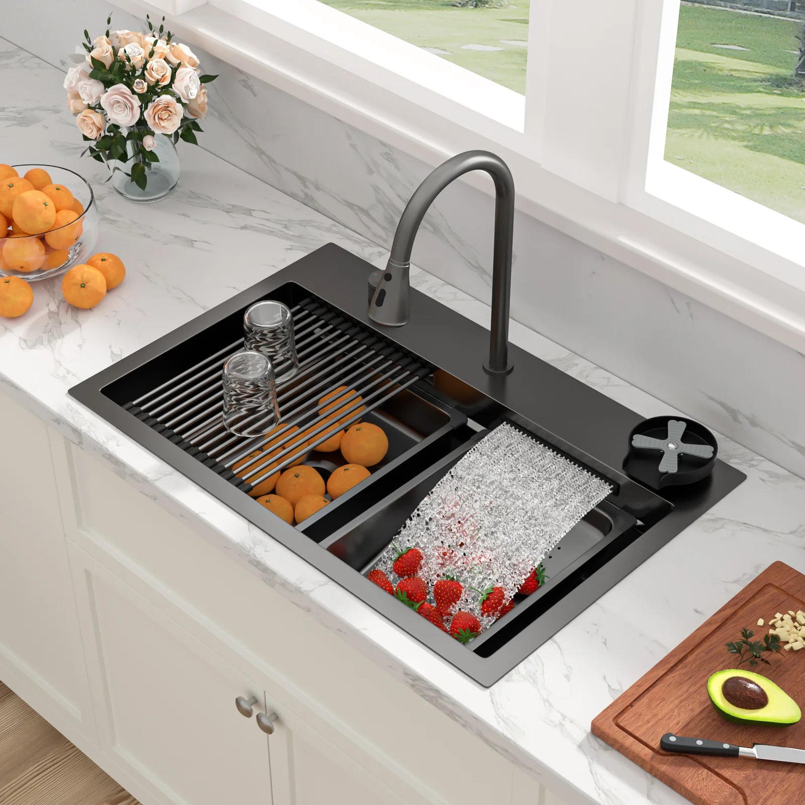 US Warehouse Sarlai Handmade Black 304 Stainless Steel Drop-In 33*19 Inch 304 Single Bowl Waterfall Workstation Sink