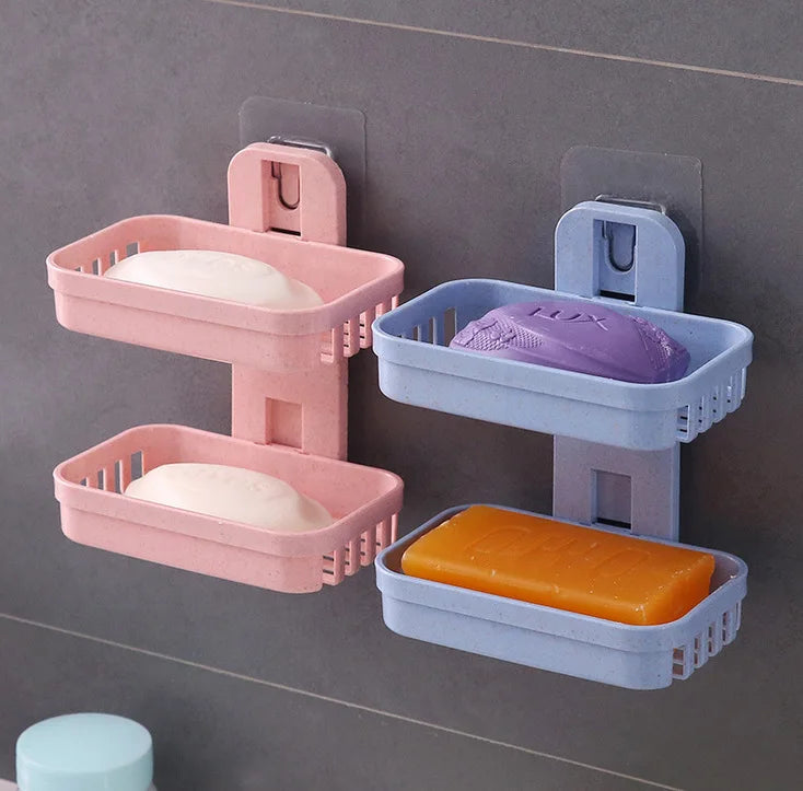 Hot Sale Double Tiers Plastic Bathroom Accessory Set 2pcs Storage Shelf with Soap Rack for Shower Douche Bathroom Decor