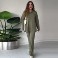 Wholesale Casual Winter Women's Breathable for Sweater Suit Solid V Neck Knit Sweater Wide Leg Pants Set