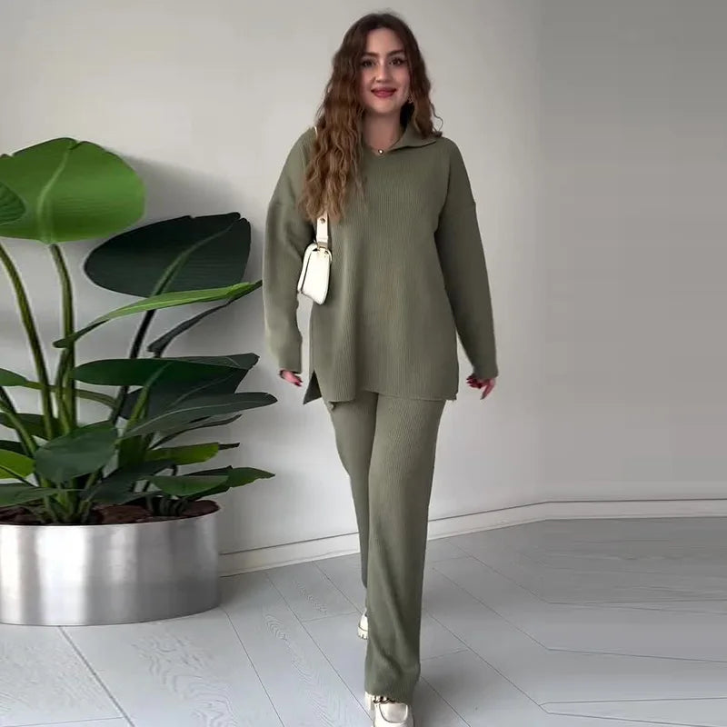 Wholesale Casual Winter Women's Breathable for Sweater Suit Solid V Neck Knit Sweater Wide Leg Pants Set