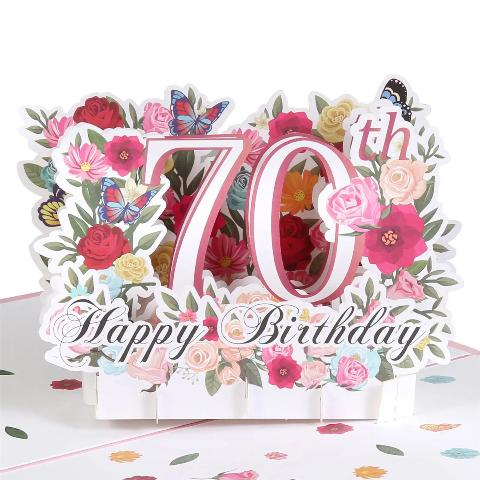 3D Pop up 70th Birthday Greeting Cards with Envelope Pink Flowers Butterflies Birthday Invitation Cards Happy Birthday Cards