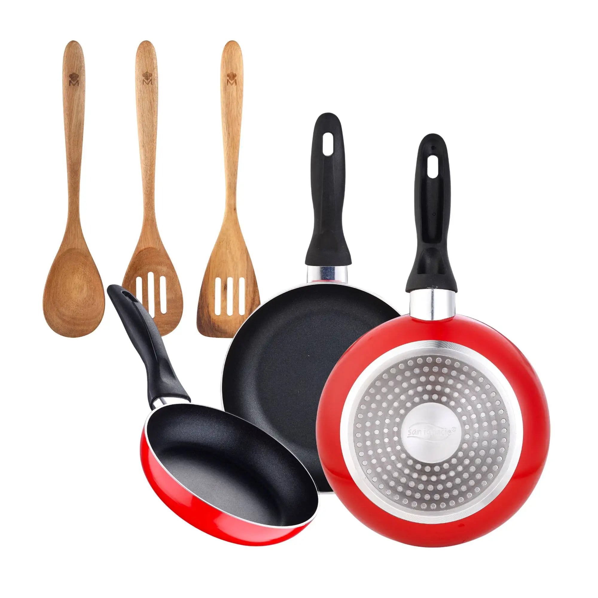 San Ignacio 3-piece frying pan set 16/20/24 cm + 3-piece acacia kitchen utensil set