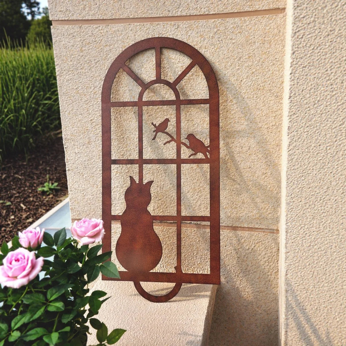Rusty Metal Cat Window Wall Decor Vintage Window Frame Garden Art with Birds Outdoor Fence Patio Porch Decoration