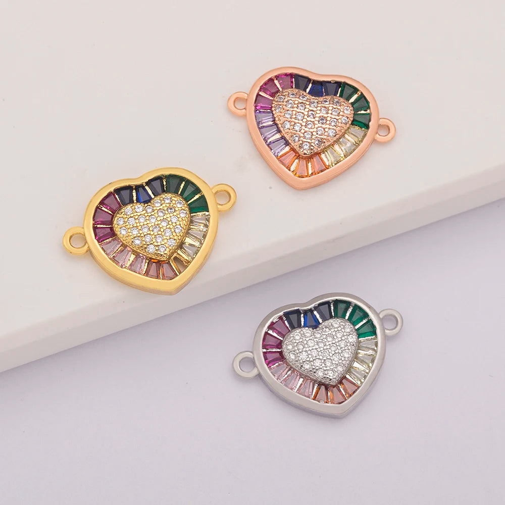 QIKU Wholesale Rainbow Heart Round Pendant Charms Cubic Zirconia Multicolor Stone Gold Plated for Bracelets Jewelry Making